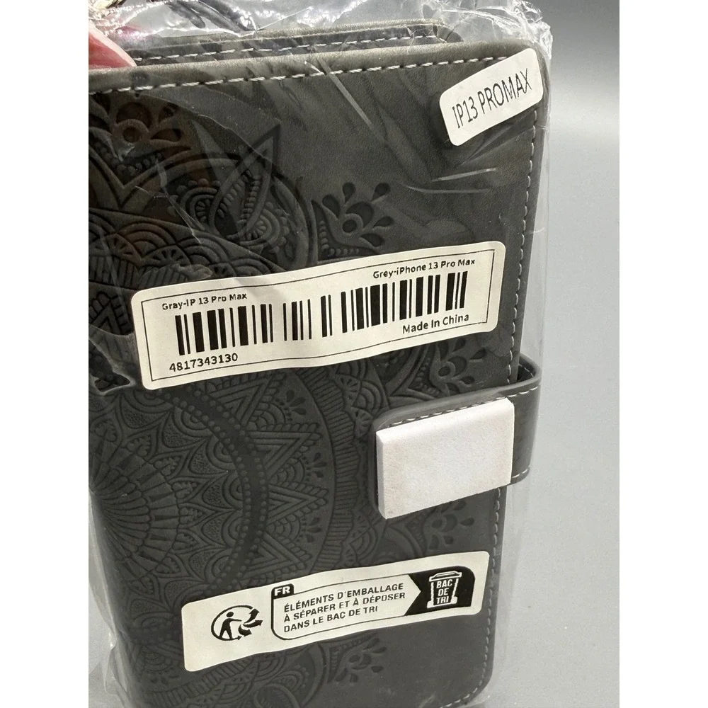 Grey Mandala Embossed Wallet Case‎ for iPhone 13 Pro Max with Zipper & Wristlet